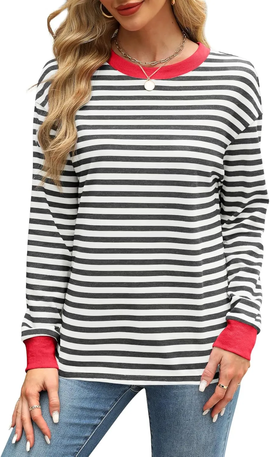 WIHOLL Womens Tunic Tops Long Sleeve Striped Shirts Crewneck Tops