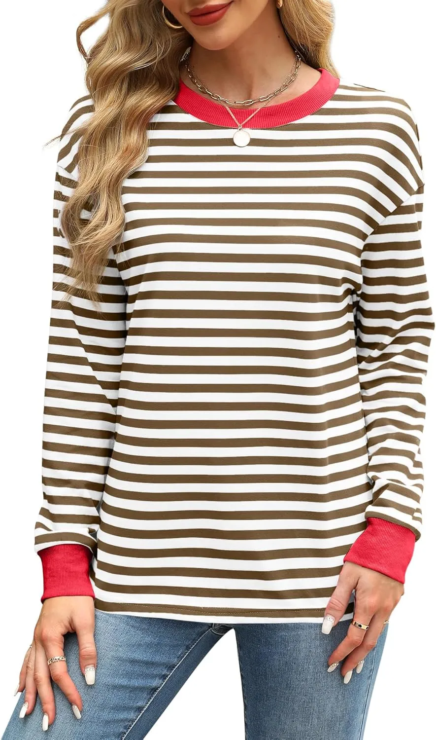 WIHOLL Womens Tunic Tops Long Sleeve Striped Shirts Crewneck Tops