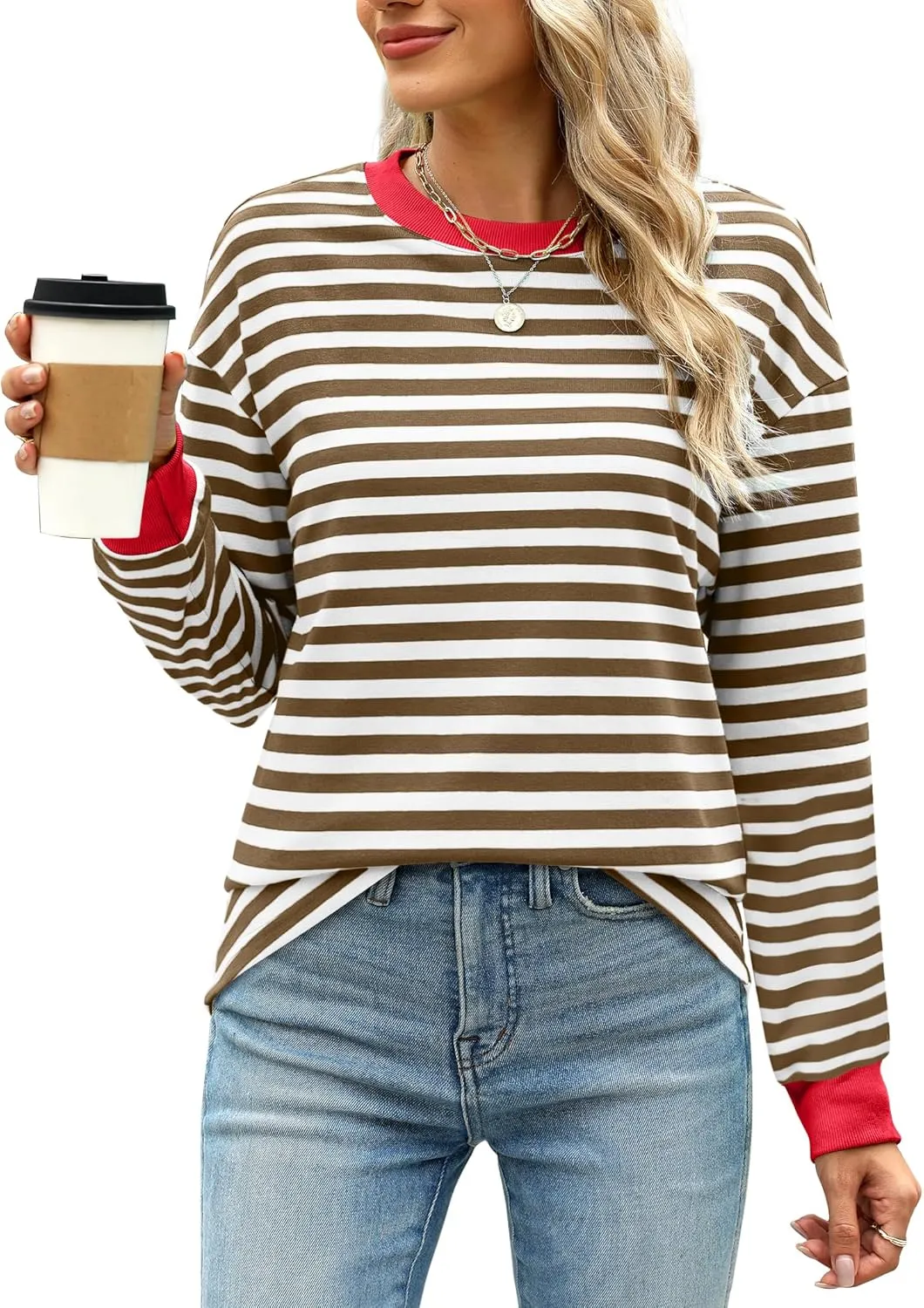 WIHOLL Womens Tunic Tops Long Sleeve Striped Shirts Crewneck Tops