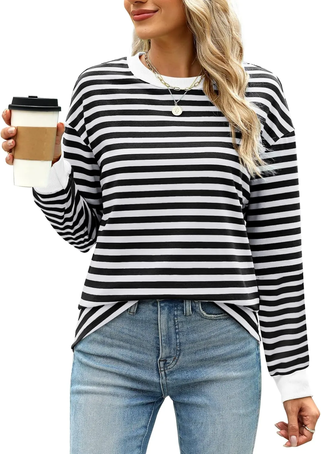 WIHOLL Womens Tunic Tops Long Sleeve Striped Shirts Crewneck Tops