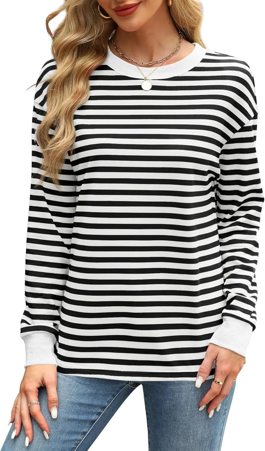 WIHOLL Womens Tunic Tops Long Sleeve Striped Shirts Crewneck Tops