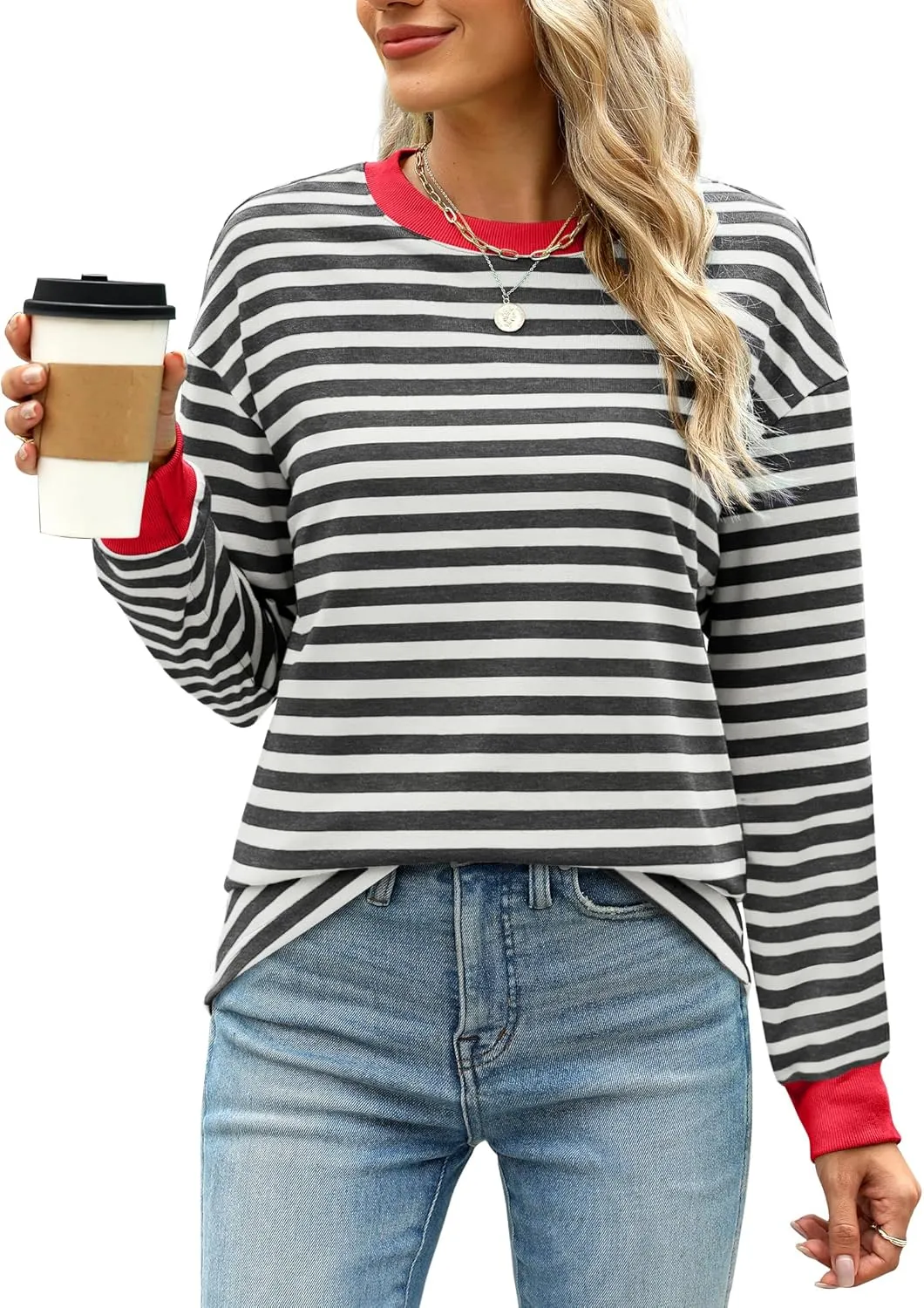 WIHOLL Womens Tunic Tops Long Sleeve Striped Shirts Crewneck Tops