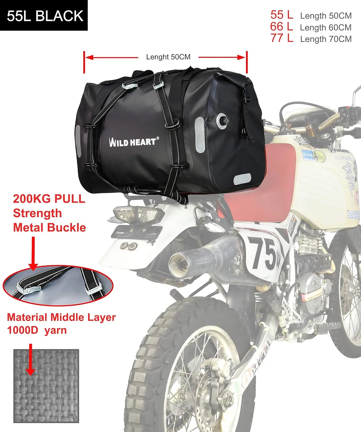 WILD HEART Waterproof Bag 55L 66L 77L Motorcycle Dry Duffel Bag for Travel,Motorcycling, Cycling,Hiking,Camping (55L, Black)