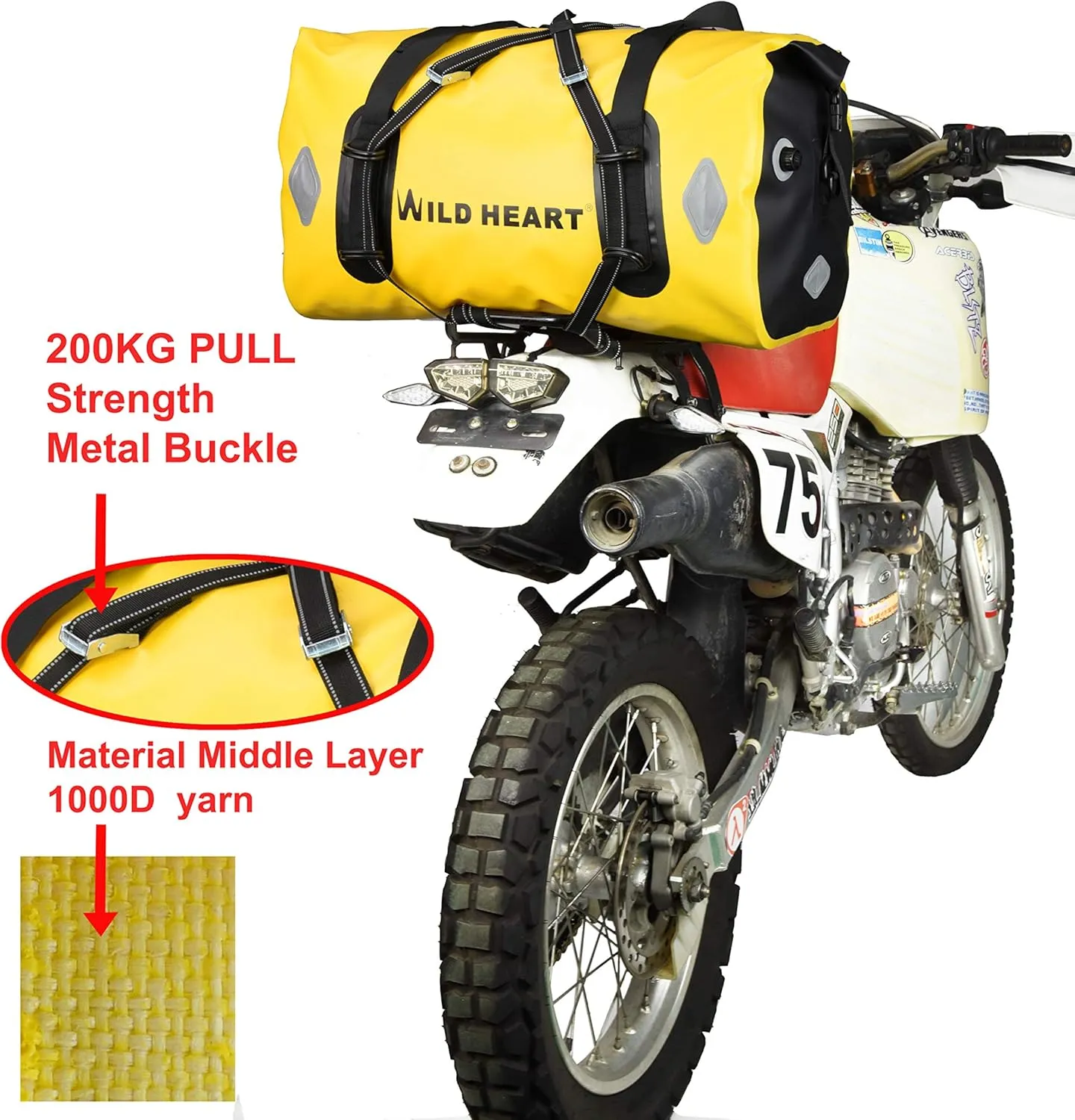 WILD HEART Waterproof Bag 55L 66L 77L Motorcycle Dry Duffel Bag for Travel,Motorcycling, Cycling,Hiking,Camping (66L, Yellow)
