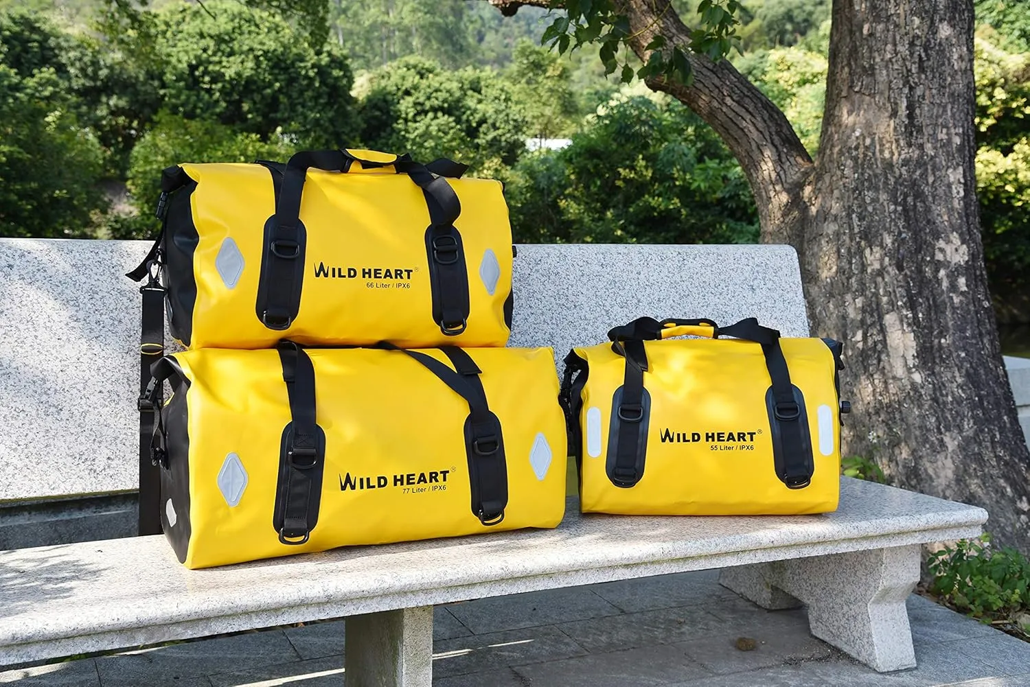 WILD HEART Waterproof Bag 55L 66L 77L Motorcycle Dry Duffel Bag for Travel,Motorcycling, Cycling,Hiking,Camping (66L, Yellow)