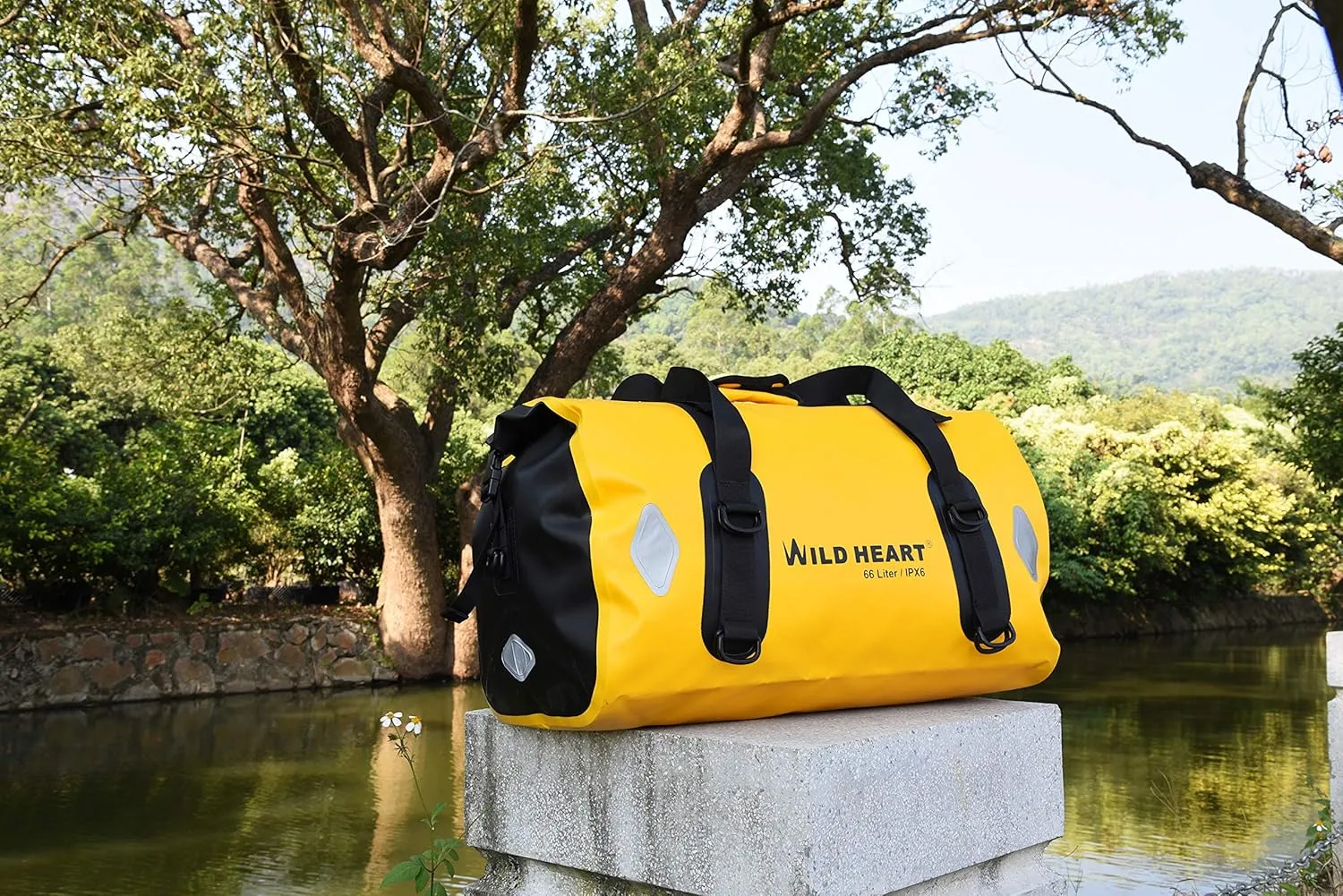 WILD HEART Waterproof Bag 55L 66L 77L Motorcycle Dry Duffel Bag for Travel,Motorcycling, Cycling,Hiking,Camping (66L, Yellow)