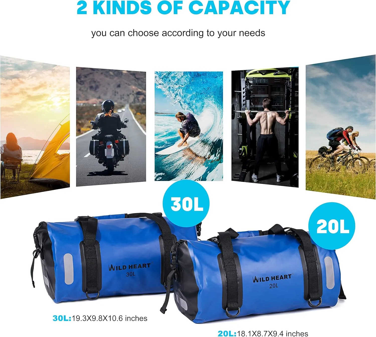 WILD HEART Waterproof Bag Duffel Bag 20L 30L 40L with Welded Seams Shoulder Straps, Mesh Pocket for Kayaking, Camping, Boating,Bicycle,Motorcycle