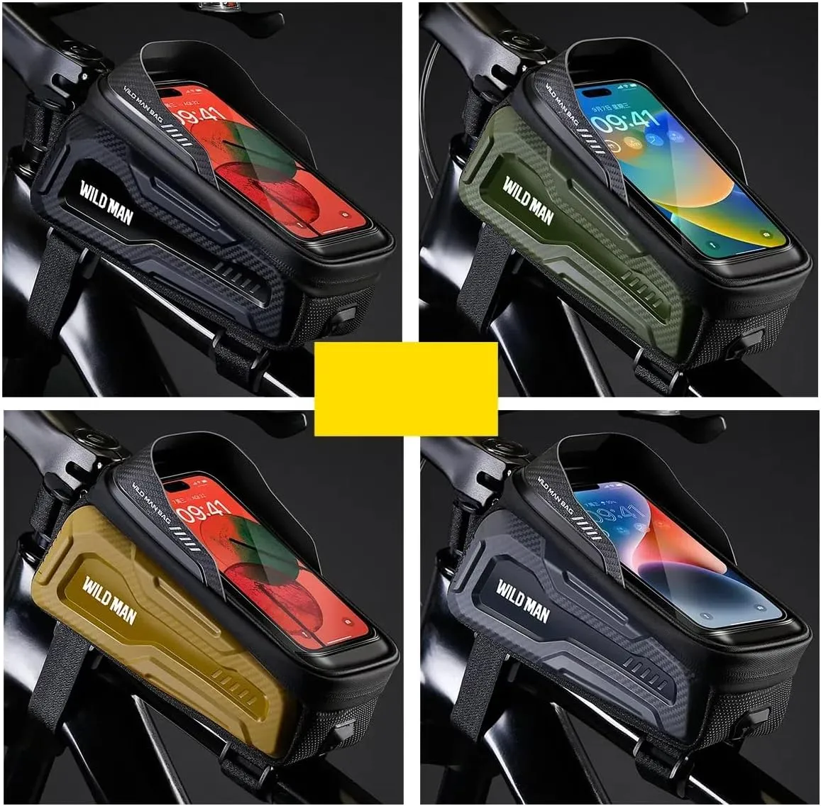 WILD MAN Bike Bags Bicycle Front Frame Bag for Cycling Waterproof Tube Bag Cycling Pouch Bike Phone Holder Mount Compatible with Phones Under 6.8”(M20,Black)