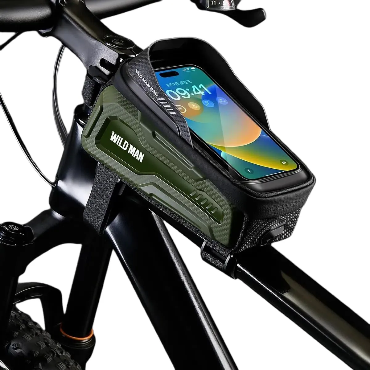 WILD MAN Bike Bags Bicycle Front Frame Bag for Cycling Waterproof Tube Bag Cycling Pouch Bike Phone Holder Mount Compatible with Phones Under 6.8”(M20,Black)