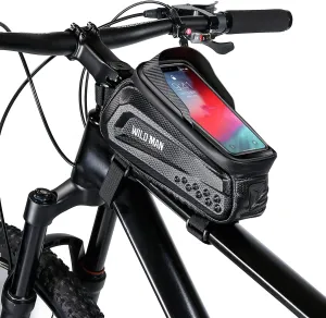 WILD MAN Rainproof Hard Shell Bike Frame Bag Bicycle Phone Mount Bag with Touch Screen for Road Bike MTB Mountain Bicycle Cycling (E10,Black)