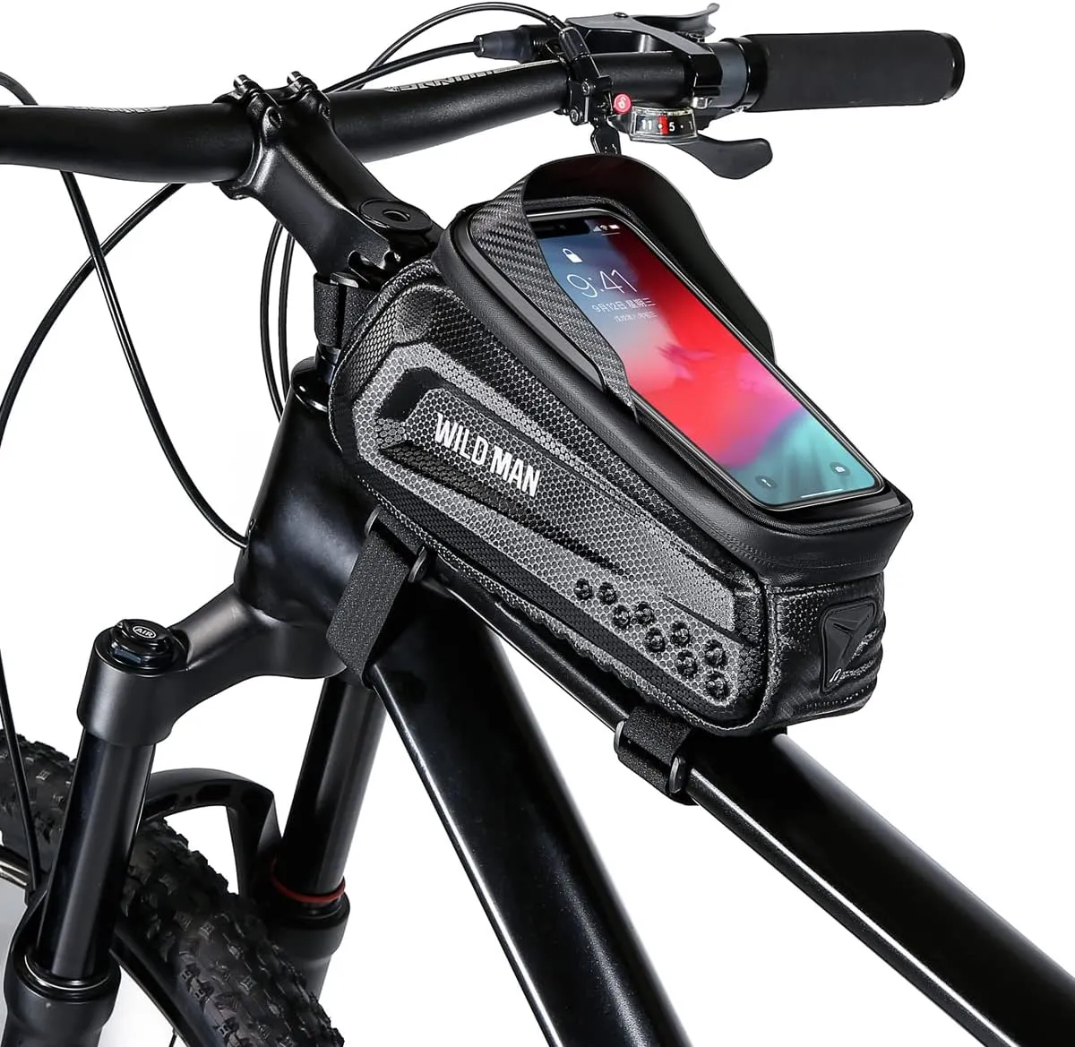 WILD MAN Rainproof Hard Shell Bike Frame Bag Bicycle Phone Mount Bag with Touch Screen for Road Bike MTB Mountain Bicycle Cycling (E10,Black)