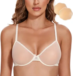 Wingslove Women's See Through Sexy Sheer Bra Unlined Underwire Support Everyday Bra with Silicone Nipple