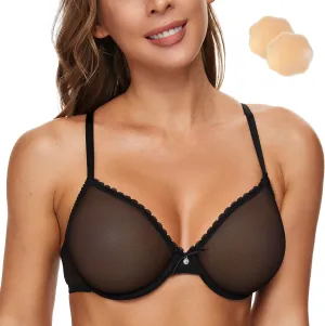 Wingslove Women's See Through Sexy Sheer Bra Unlined Underwire Support Everyday Bra with Silicone Nipple