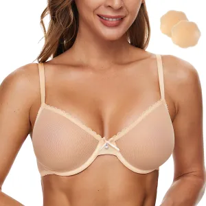 Wingslove Women's See Through Sexy Sheer Bra Unlined Underwire Support Everyday Bra with Silicone Nipple