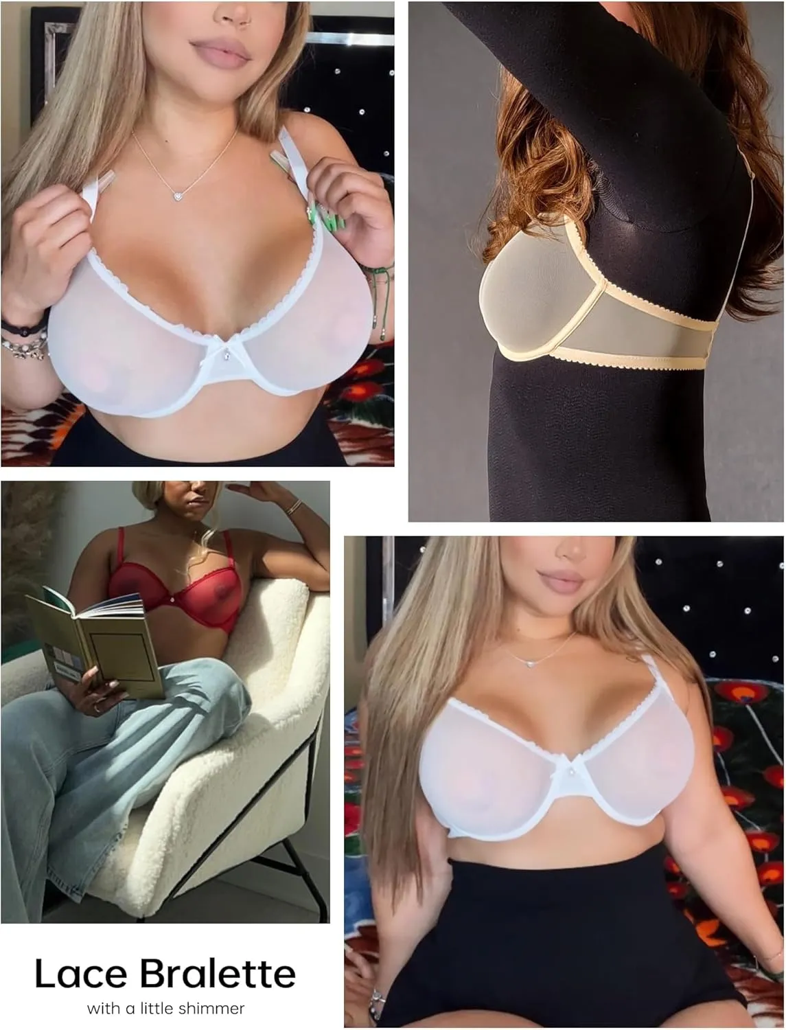 Wingslove Women's See Through Sexy Sheer Bra Unlined Underwire Support Everyday Bra with Silicone Nipple