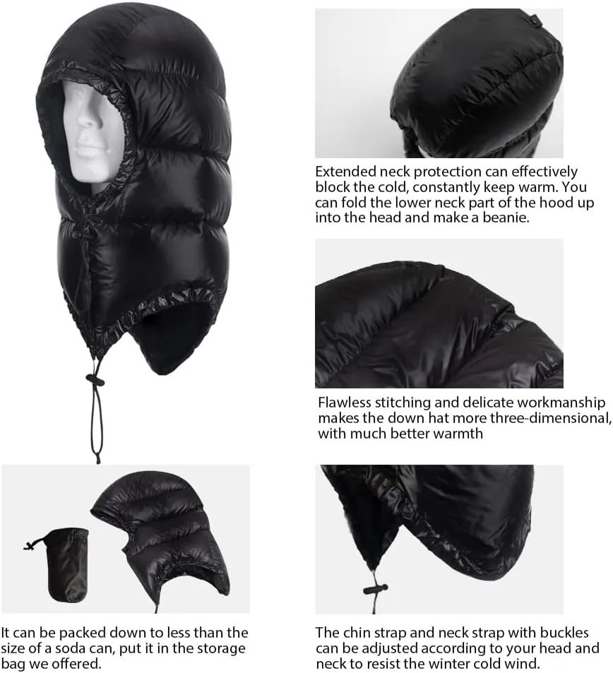 Winter Warm Ultralight Down Hood Waterproof Sleeping Bag Outdoor Camping Windproof Down Cap Hat with Storage Bag
