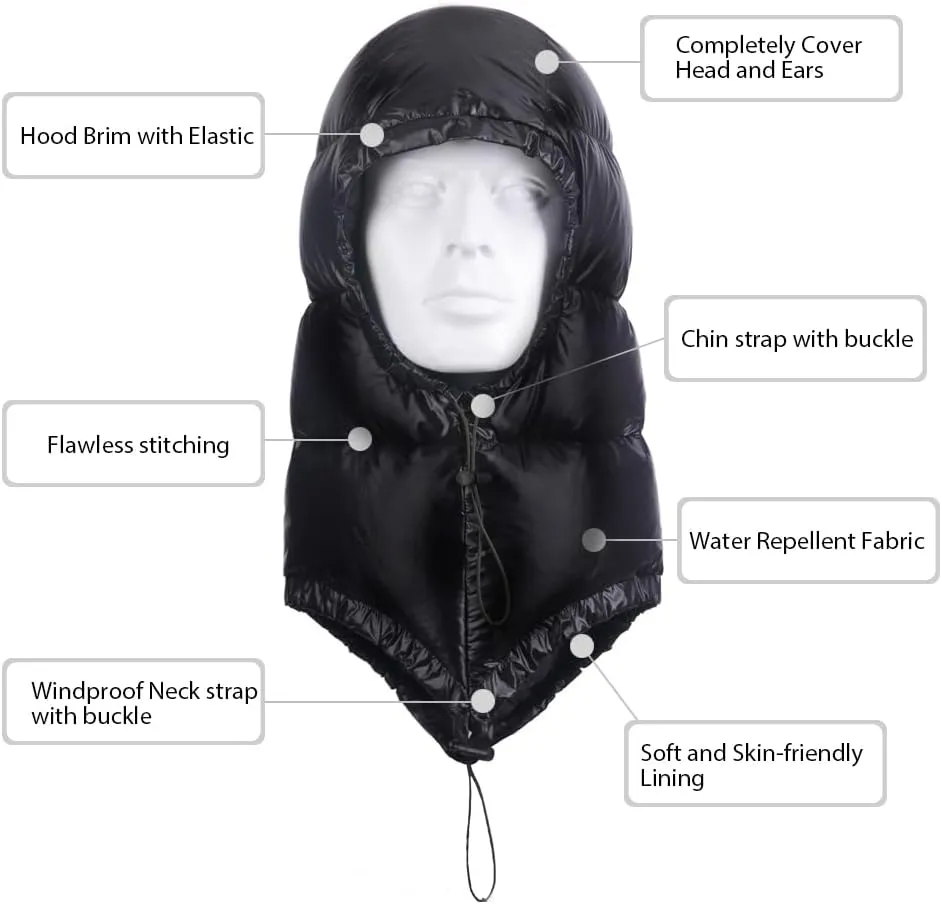 Winter Warm Ultralight Down Hood Waterproof Sleeping Bag Outdoor Camping Windproof Down Cap Hat with Storage Bag