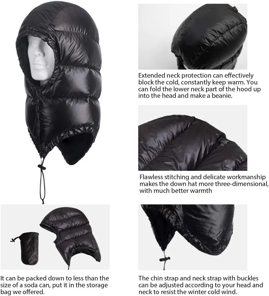 Winter Warm Ultralight Down Hood Waterproof Sleeping Bag Outdoor Camping Windproof Down Cap Hat with Storage Bag