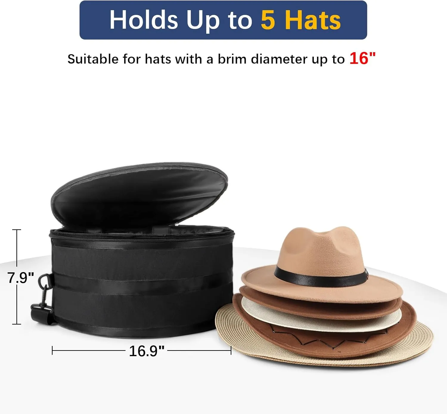 WOMACO Hat Box for Travel, Hard Shell Hat Storage Case for Cowboy Hat, Collapsible Hat Organizer Bag with Handle and Shoulder Strap (Black, Large)