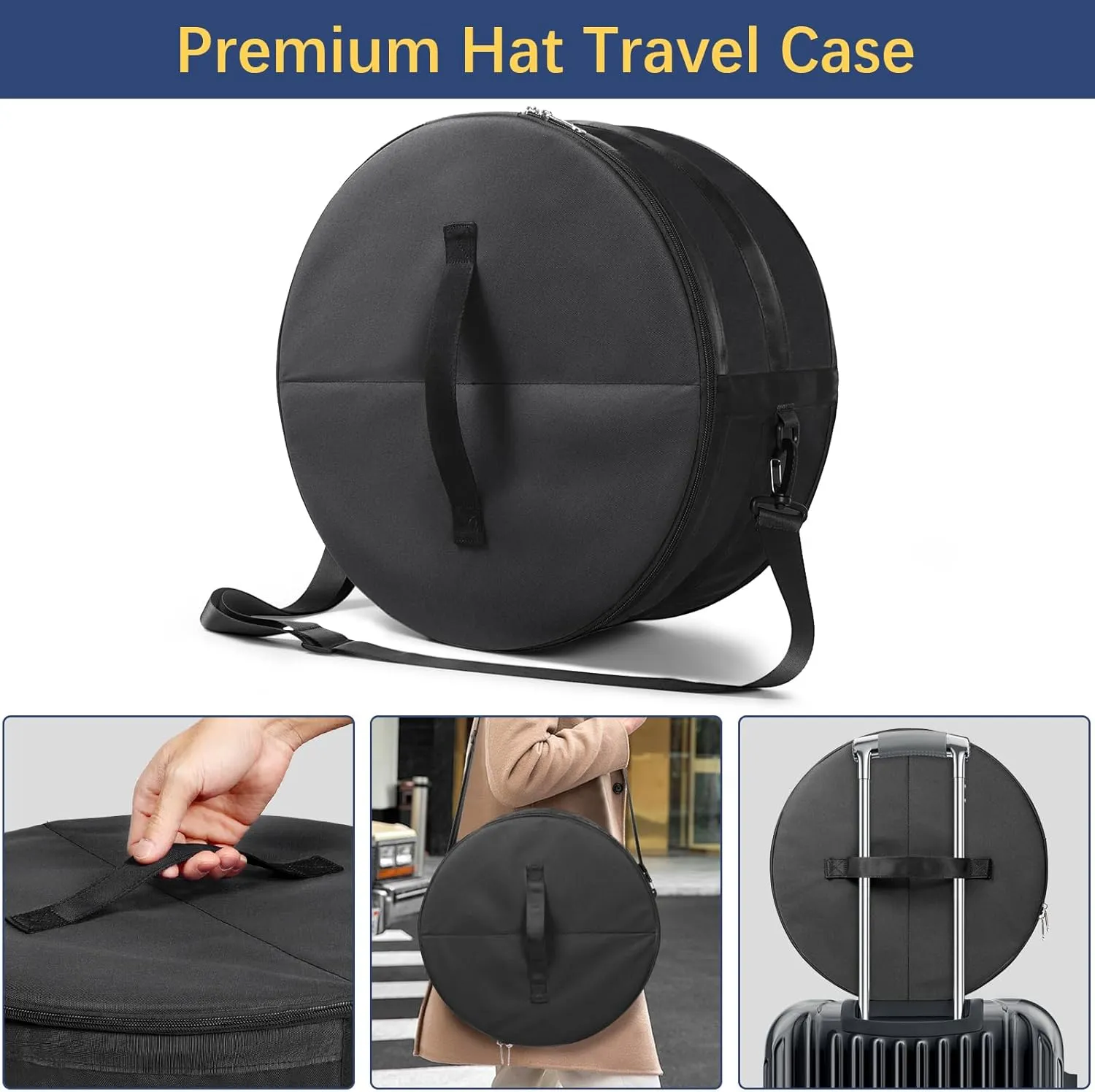 WOMACO Hat Box for Travel, Hard Shell Hat Storage Case for Cowboy Hat, Collapsible Hat Organizer Bag with Handle and Shoulder Strap (Black, Large)