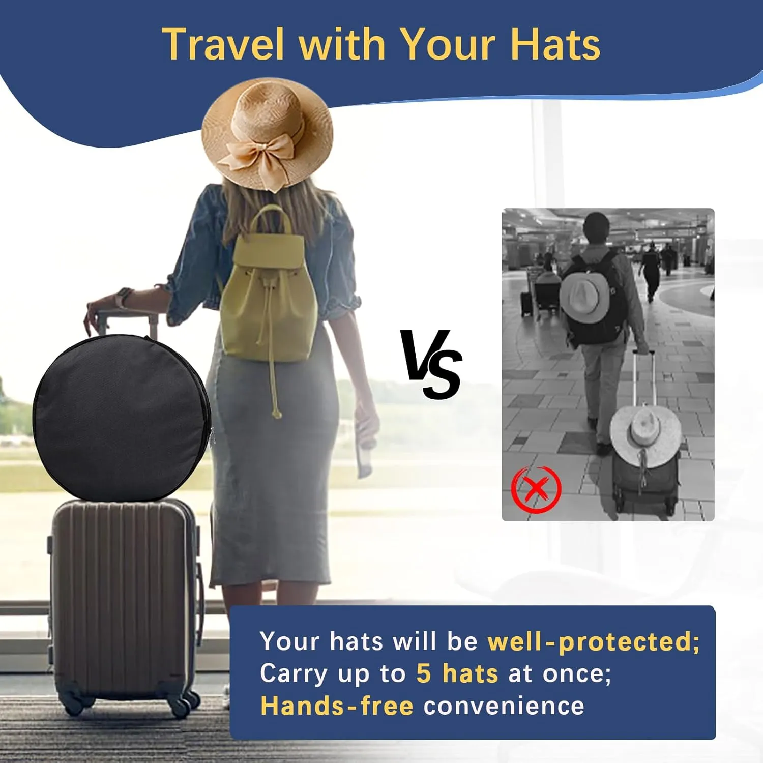WOMACO Hat Box for Travel, Hard Shell Hat Storage Case for Cowboy Hat, Collapsible Hat Organizer Bag with Handle and Shoulder Strap (Black, Large)