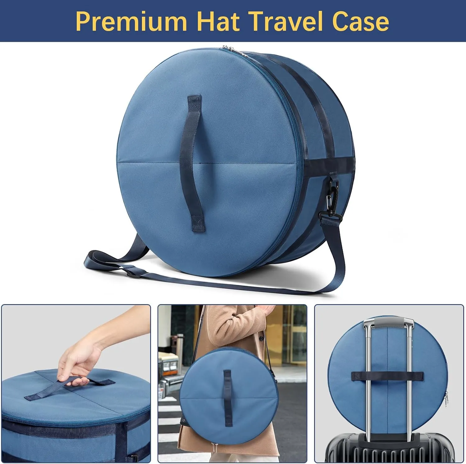 WOMACO Hat Box for Travel, Hard Shell Hat Storage Case for Cowboy Hat, Collapsible Hat Organizer Bag with Handle and Shoulder Strap (Dark Blue, Large)