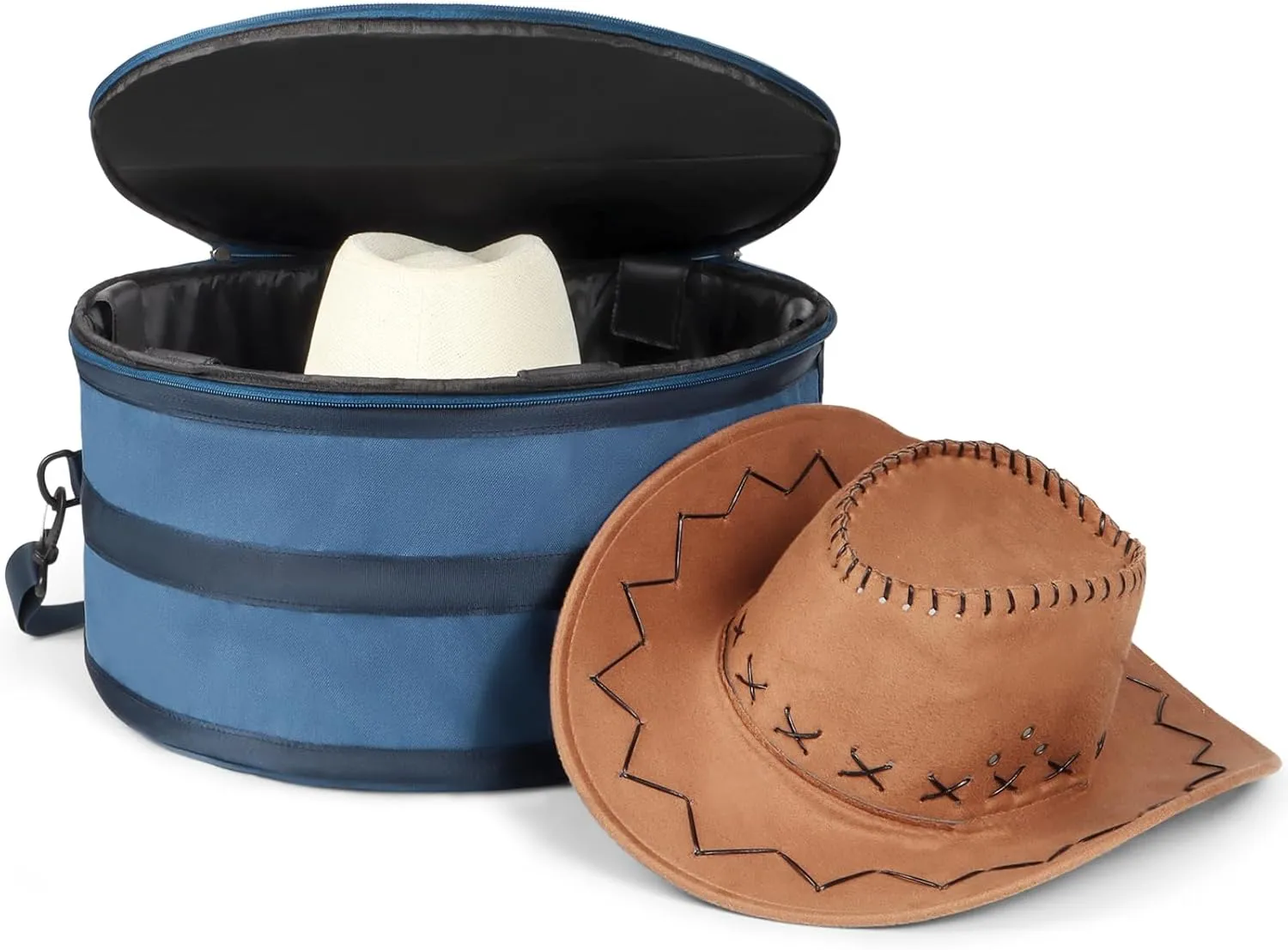 WOMACO Hat Box for Travel, Hard Shell Hat Storage Case for Cowboy Hat, Collapsible Hat Organizer Bag with Handle and Shoulder Strap (Dark Blue, Large)