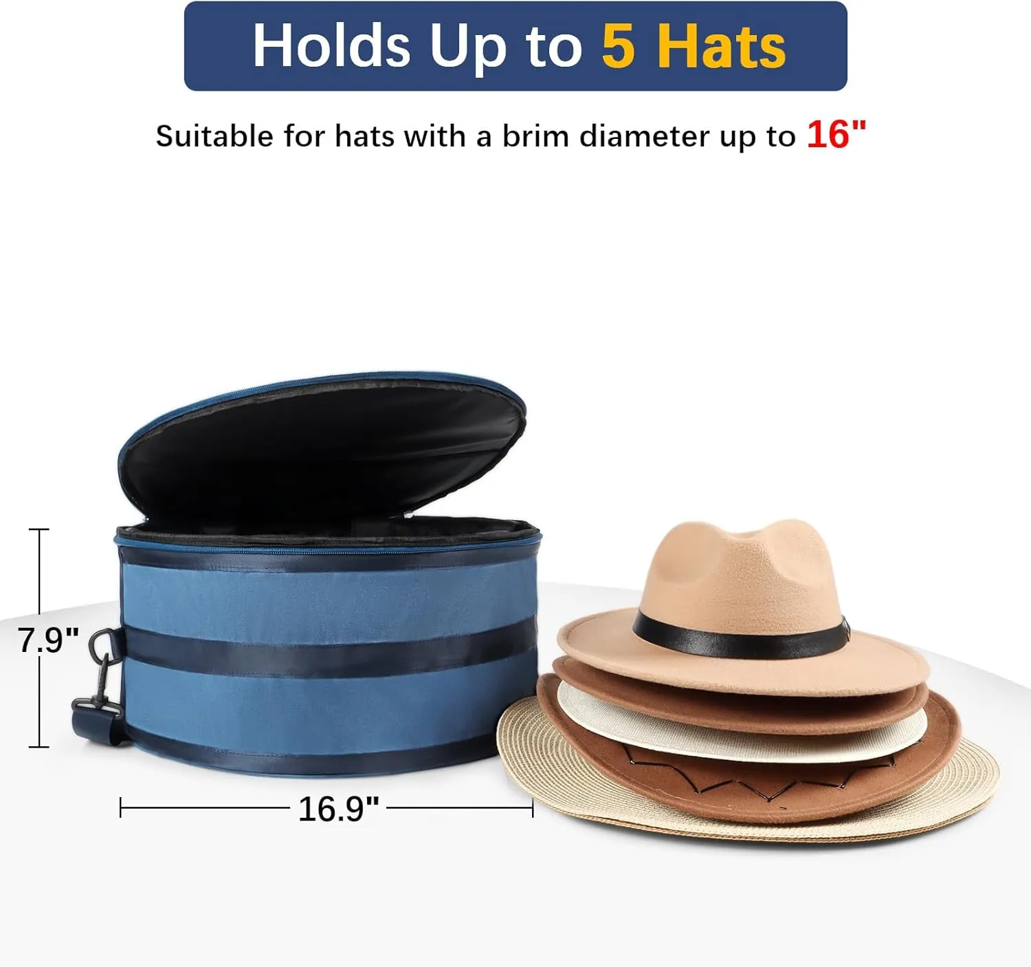 WOMACO Hat Box for Travel, Hard Shell Hat Storage Case for Cowboy Hat, Collapsible Hat Organizer Bag with Handle and Shoulder Strap (Dark Blue, Large)