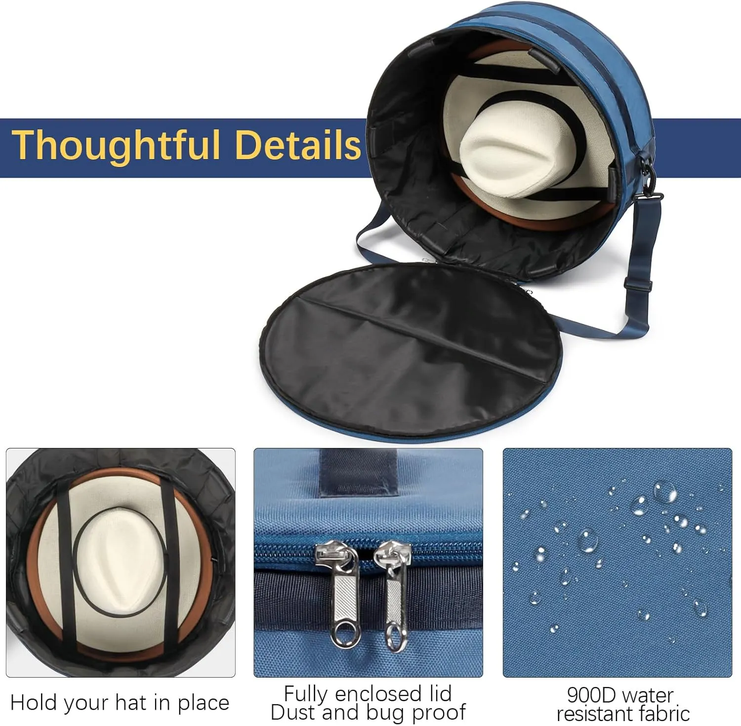 WOMACO Hat Box for Travel, Hard Shell Hat Storage Case for Cowboy Hat, Collapsible Hat Organizer Bag with Handle and Shoulder Strap (Dark Blue, Large)