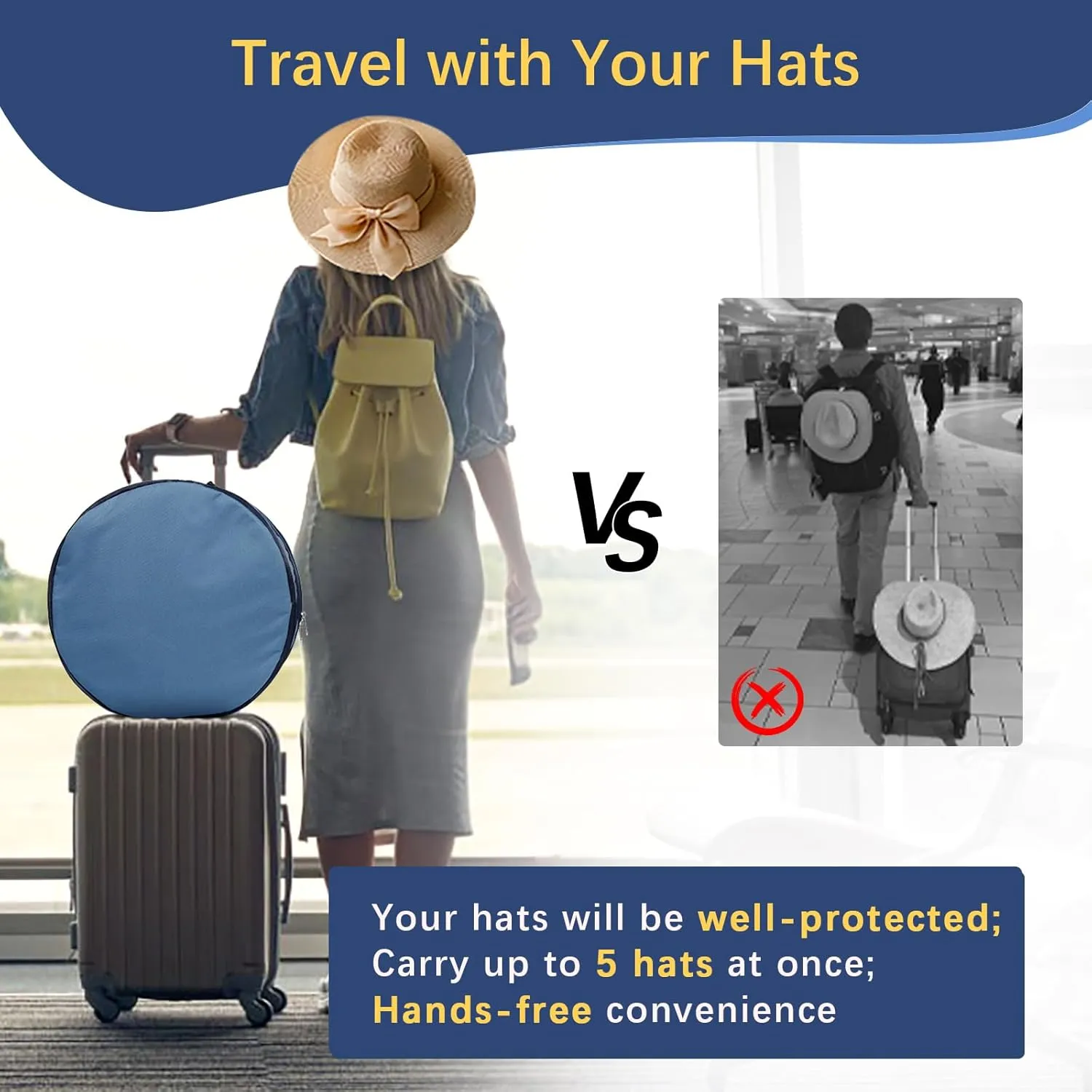 WOMACO Hat Box for Travel, Hard Shell Hat Storage Case for Cowboy Hat, Collapsible Hat Organizer Bag with Handle and Shoulder Strap (Dark Blue, Large)
