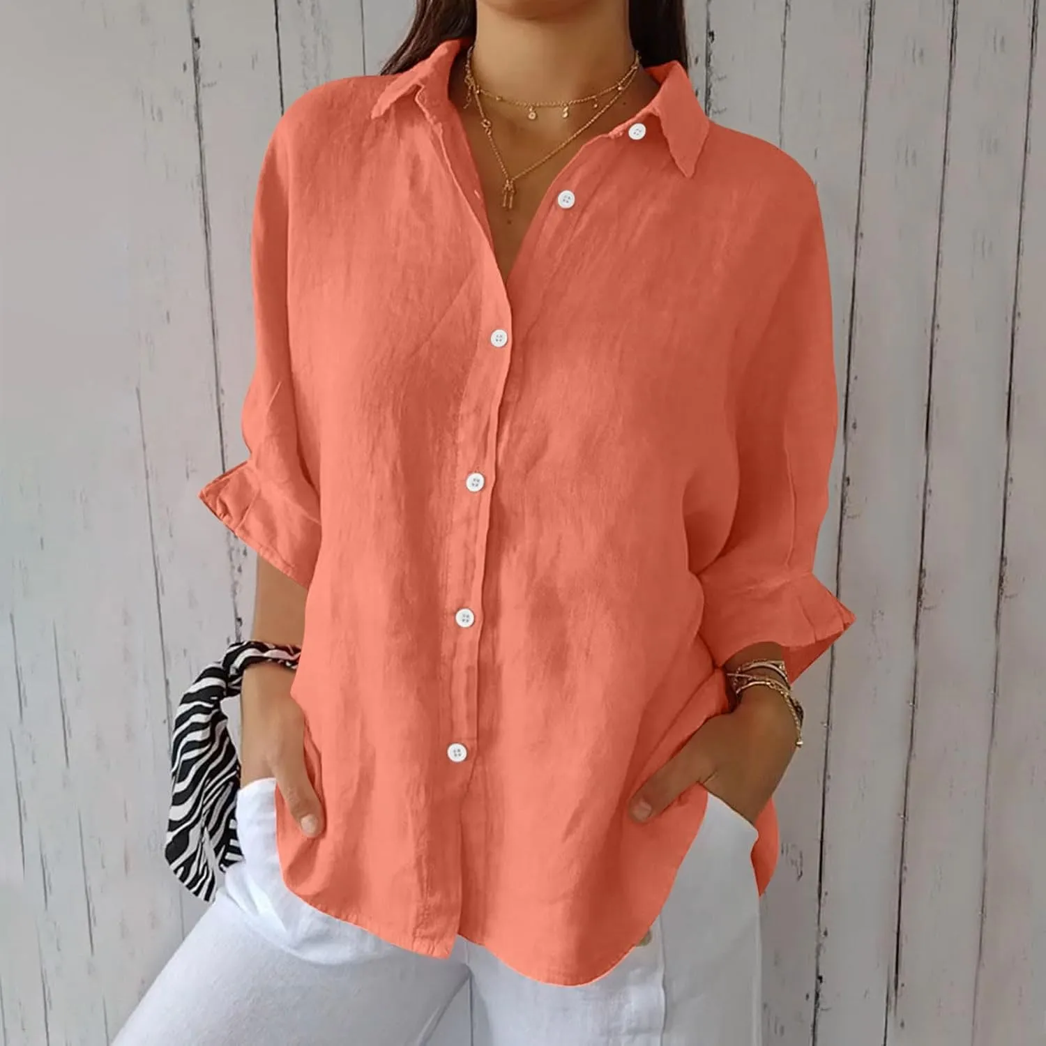 Women Button Down Shirts Cotton Linen Blouse Tops 3/4 Sleeve Gauze Collar Shirt Tunic Loose Fit Fashion Trendy Clothes