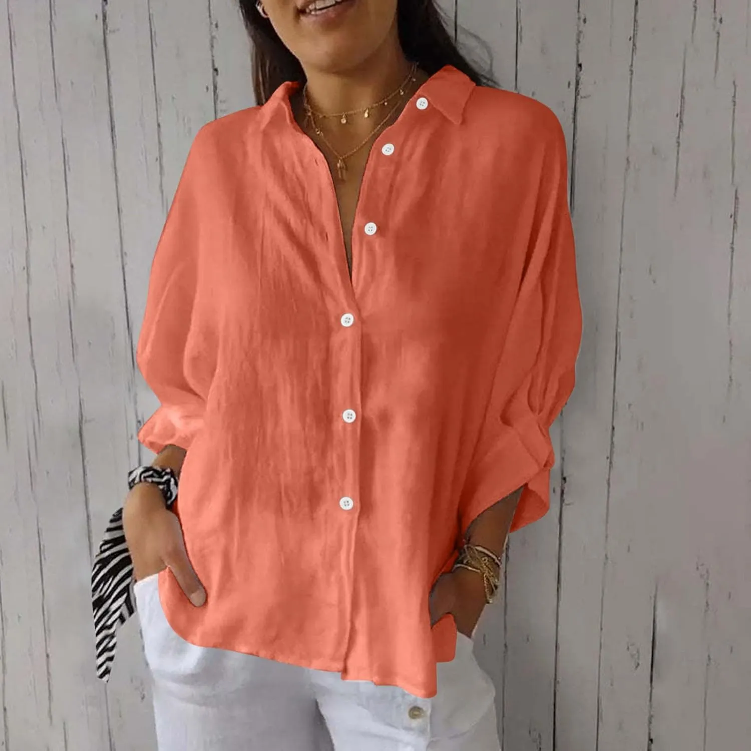 Women Button Down Shirts Cotton Linen Blouse Tops 3/4 Sleeve Gauze Collar Shirt Tunic Loose Fit Fashion Trendy Clothes