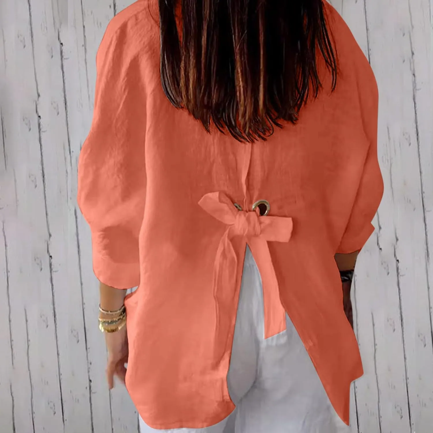 Women Button Down Shirts Cotton Linen Blouse Tops 3/4 Sleeve Gauze Collar Shirt Tunic Loose Fit Fashion Trendy Clothes