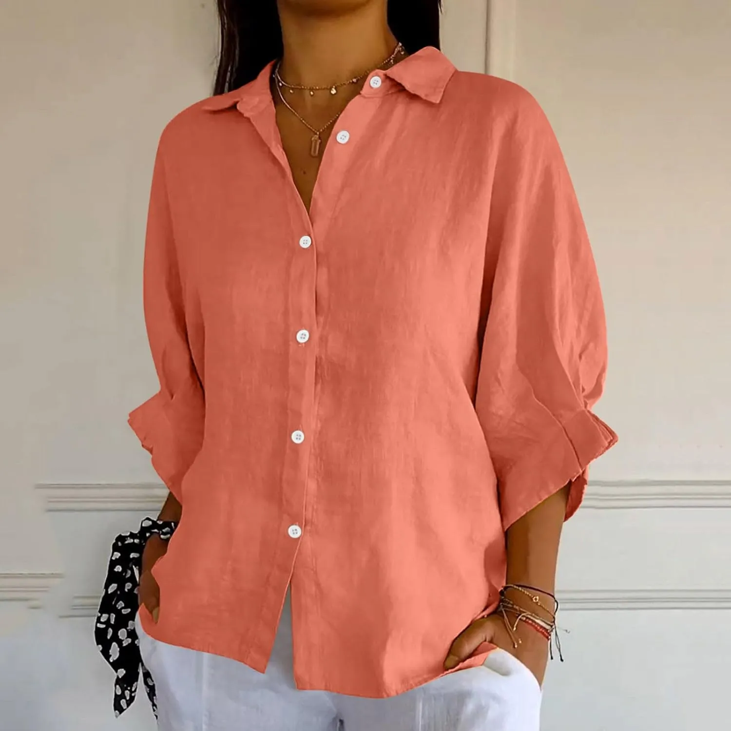 Women Button Down Shirts Cotton Linen Blouse Tops 3/4 Sleeve Gauze Collar Shirt Tunic Loose Fit Fashion Trendy Clothes