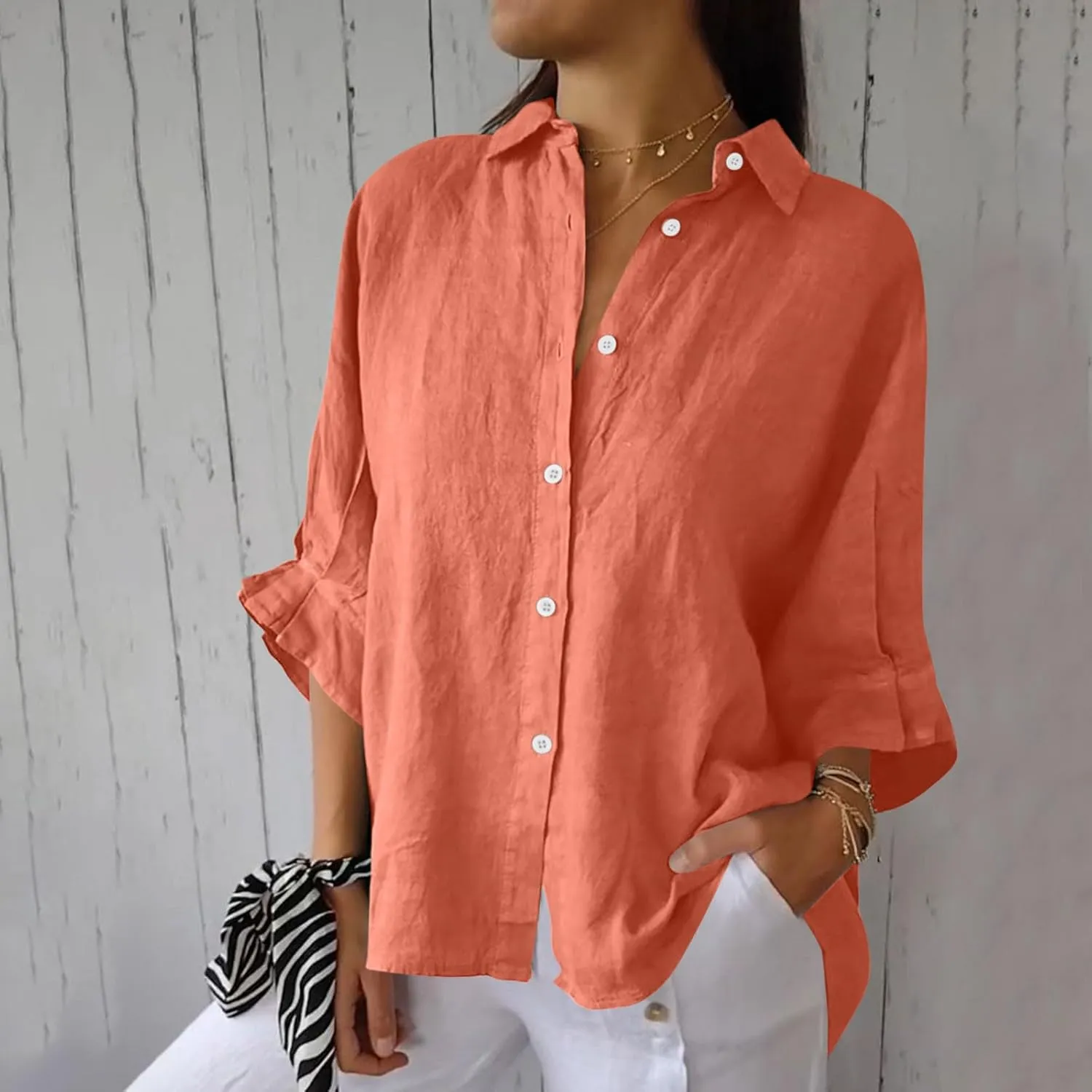 Women Button Down Shirts Cotton Linen Blouse Tops 3/4 Sleeve Gauze Collar Shirt Tunic Loose Fit Fashion Trendy Clothes