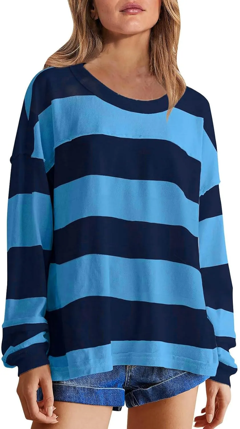 Women Fall Clothes 2024 Dressy Striped Color Block Long Sleeve Oversized Sweatshirt Casual Pullover Y2K Shirt Top