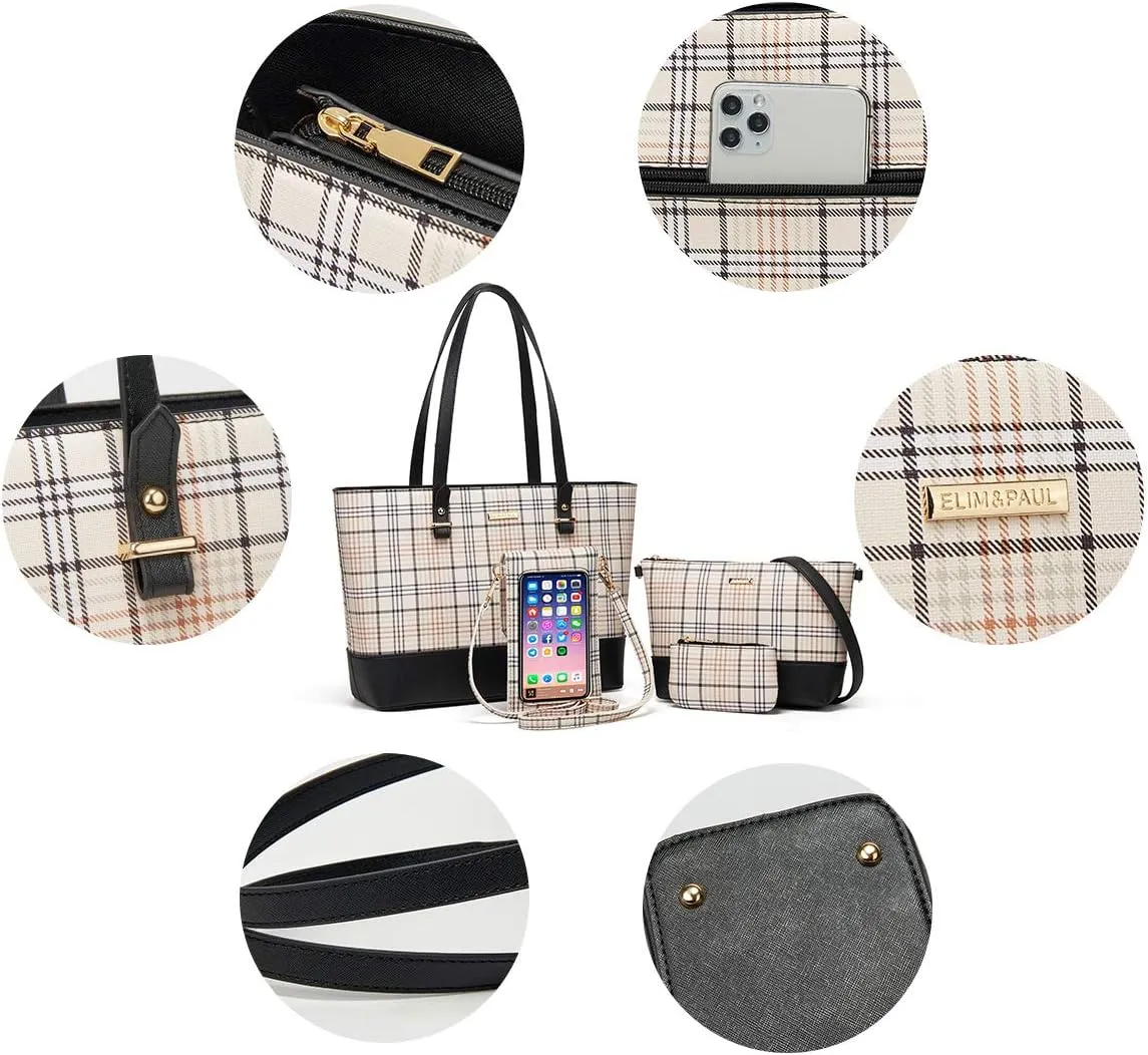 Women Fashion Synthetic Leather Handbags Tote Bag Shoulder Bag Top Handle Satchel Purse Set 4pcs