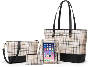 Women Fashion Synthetic Leather Handbags Tote Bag Shoulder Bag Top Handle Satchel Purse Set 4pcs