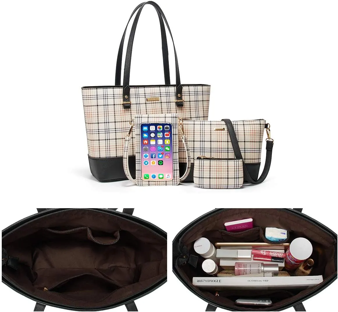 Women Fashion Synthetic Leather Handbags Tote Bag Shoulder Bag Top Handle Satchel Purse Set 4pcs
