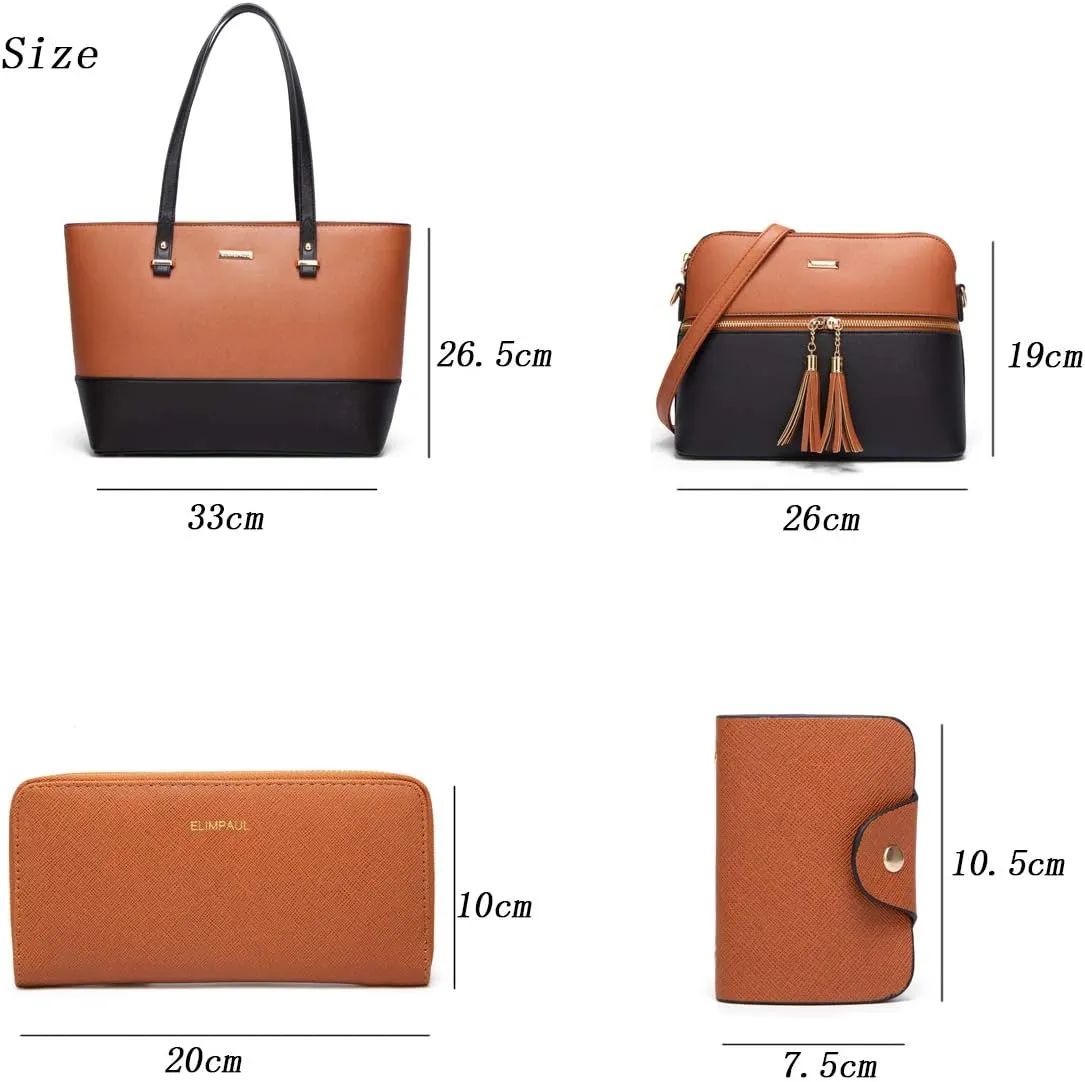 Women Fashion Synthetic Leather Handbags Tote Bag Shoulder Bag Top Handle Satchel Purse Set 4pcs