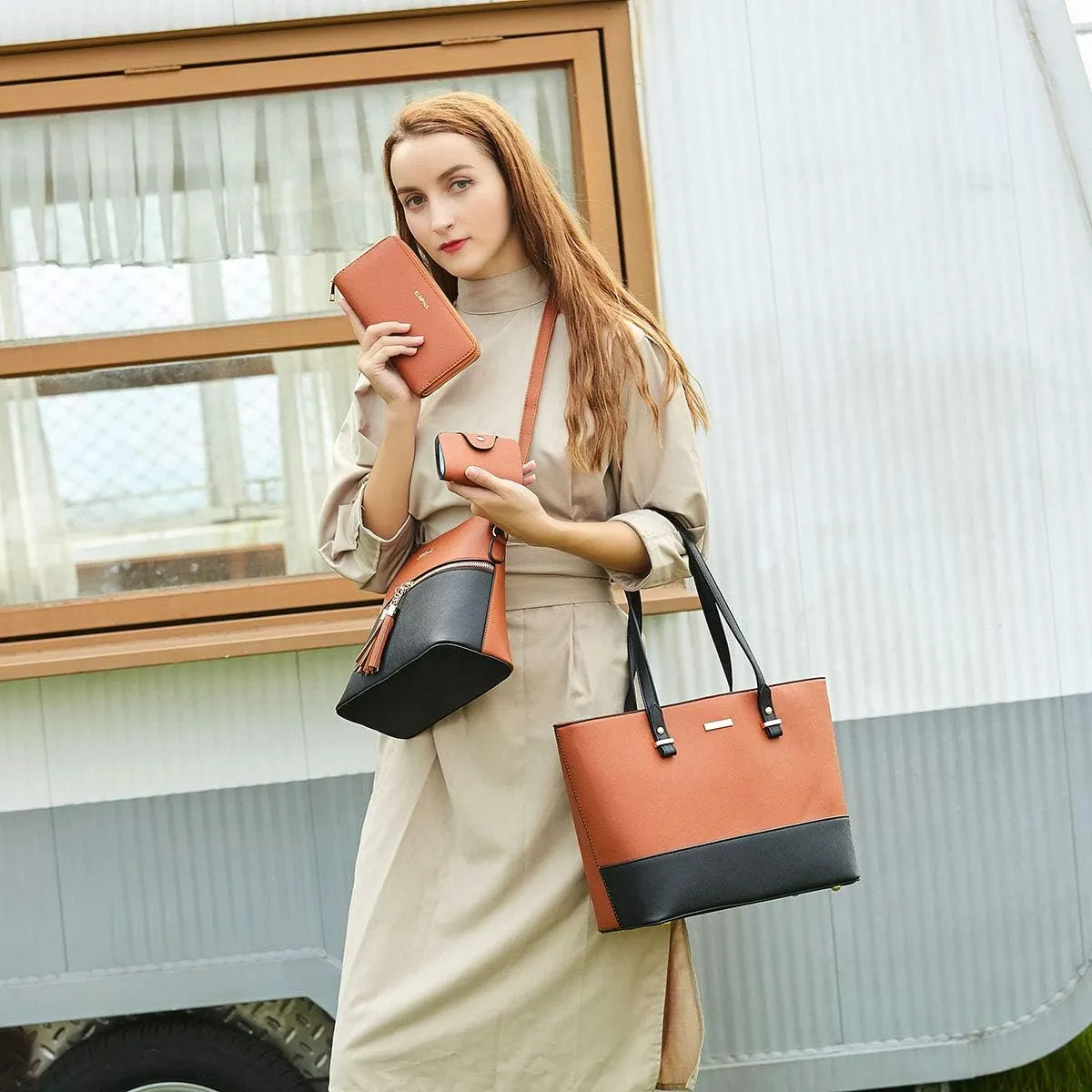 Women Fashion Synthetic Leather Handbags Tote Bag Shoulder Bag Top Handle Satchel Purse Set 4pcs