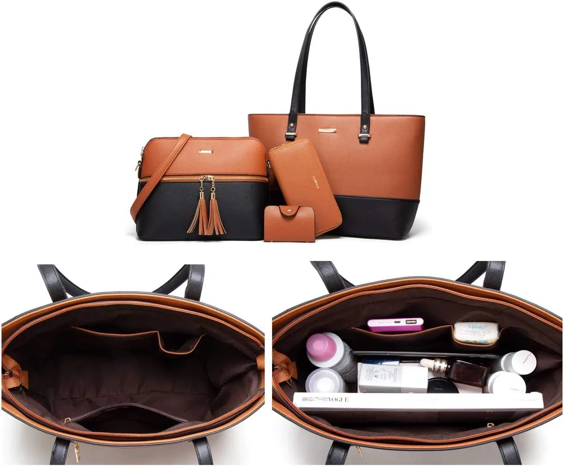 Women Fashion Synthetic Leather Handbags Tote Bag Shoulder Bag Top Handle Satchel Purse Set 4pcs