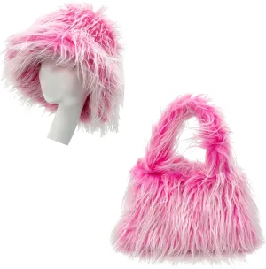 Women Faux Wool Bucket Hat Shoulder Bag Set Warm Cozy Fluffy Hat Faux Fur Tote Bag Lightweight Purse