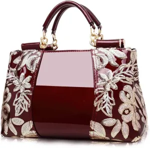 Women Handbag Top Handle Bag, Patent Leather Embroidery Fashion Tote Purse