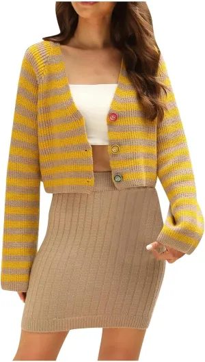 Women Open Front Crop Sweaters Casual Long Sleeve Striped Graphic Cardigan Button up Casual Outwear