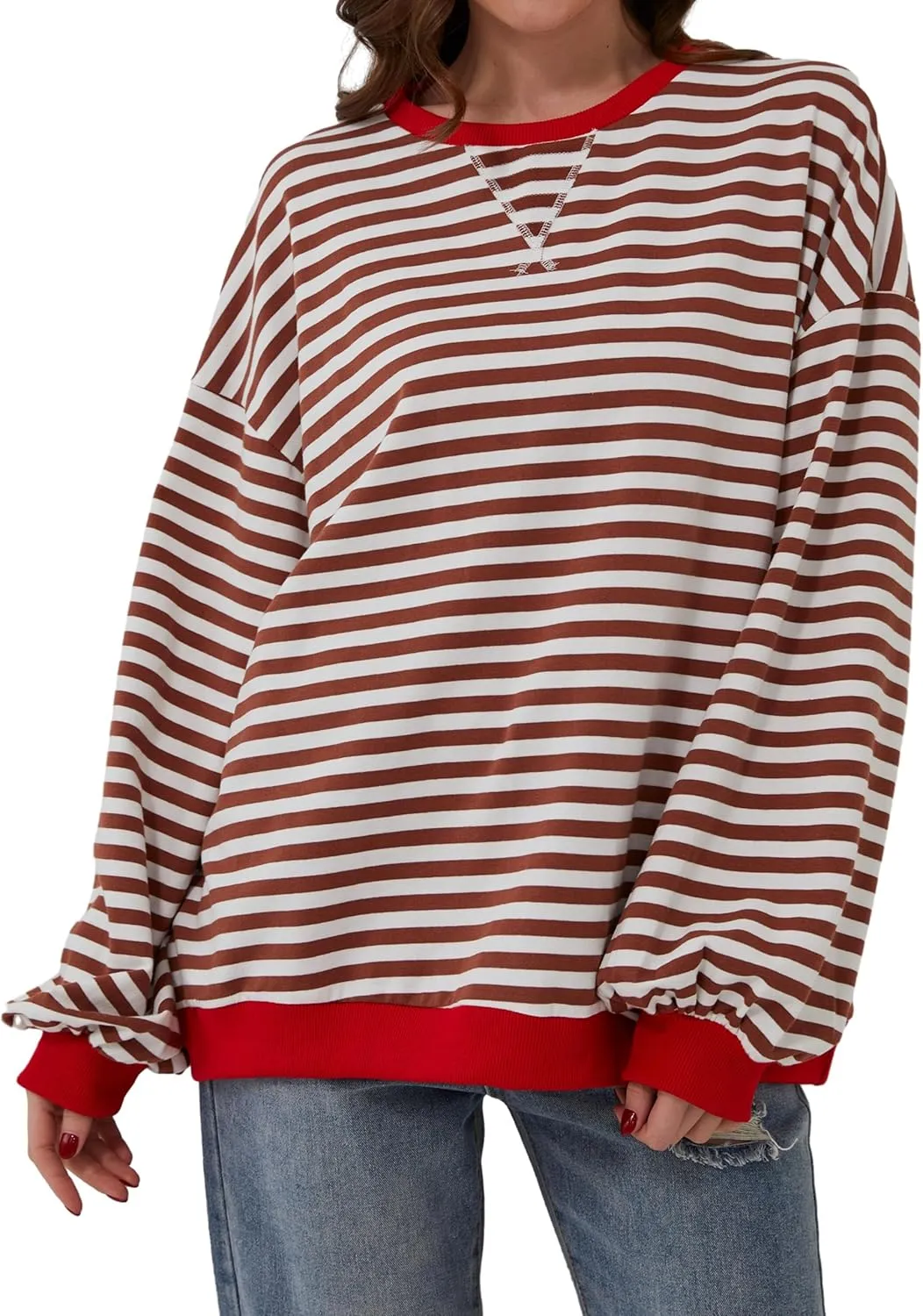 Women Oversized Striped Long Sleeve Sweatshirt Casual Crew Neck Drop Shoulder Relaxed Fit Pullover Shirt Top