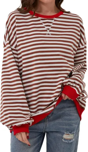 Women Oversized Striped Long Sleeve Sweatshirt Casual Crew Neck Drop Shoulder Relaxed Fit Pullover Shirt Top