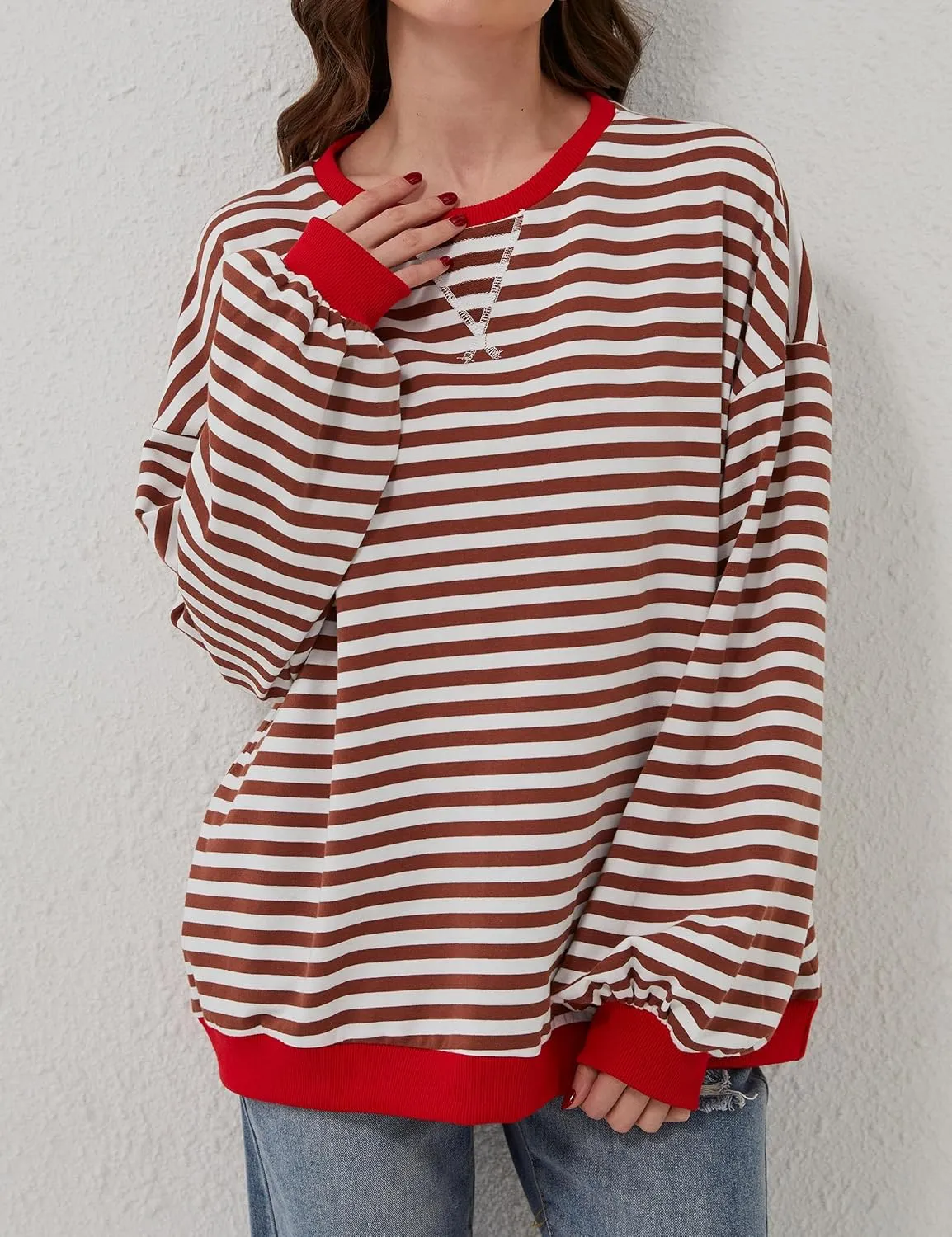 Women Oversized Striped Long Sleeve Sweatshirt Casual Crew Neck Drop Shoulder Relaxed Fit Pullover Shirt Top