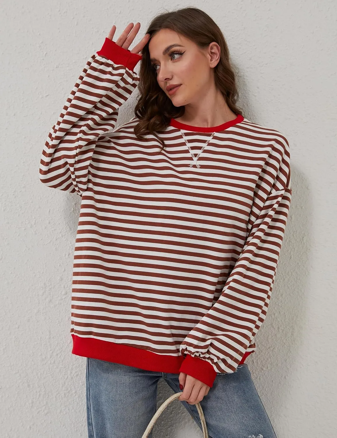 Women Oversized Striped Long Sleeve Sweatshirt Casual Crew Neck Drop Shoulder Relaxed Fit Pullover Shirt Top