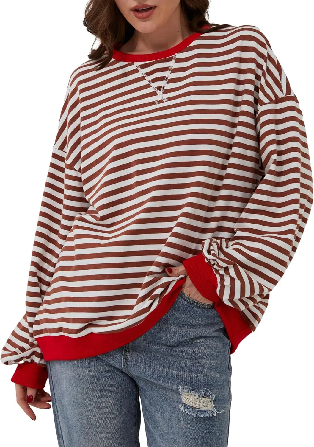 Women Oversized Striped Long Sleeve Sweatshirt Casual Crew Neck Drop Shoulder Relaxed Fit Pullover Shirt Top